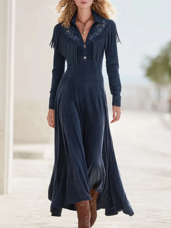 Vintage Embroidered Tassel Dark Blue Faux Suede Long-sleeved A-line Maxi Dress sold by Oyrosy