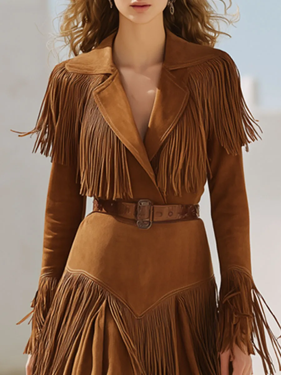 Western Vintage Lace-Up Camel Faux Suede Tassel Midi Dress sold by Oyrosy product image thumbnail 4
