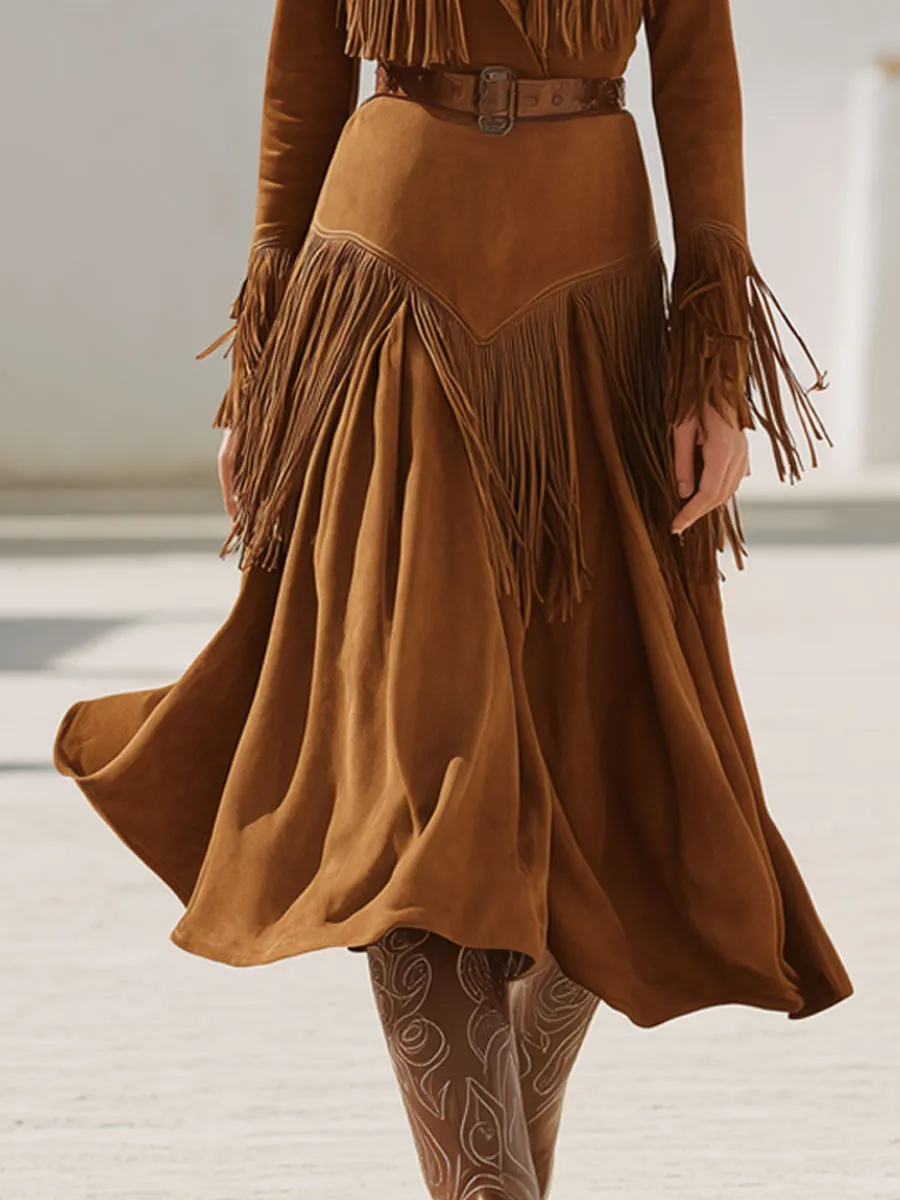 Western Vintage Lace-Up Camel Faux Suede Tassel Midi Dress sold by Oyrosy product image thumbnail 3