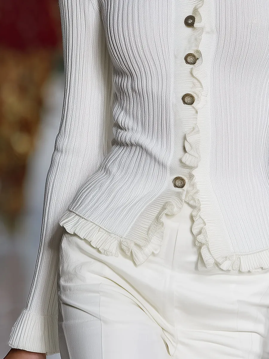 Elegant And Fashionable Ruffled White Knitted Cardigan sold by Oyrosy product image thumbnail 4