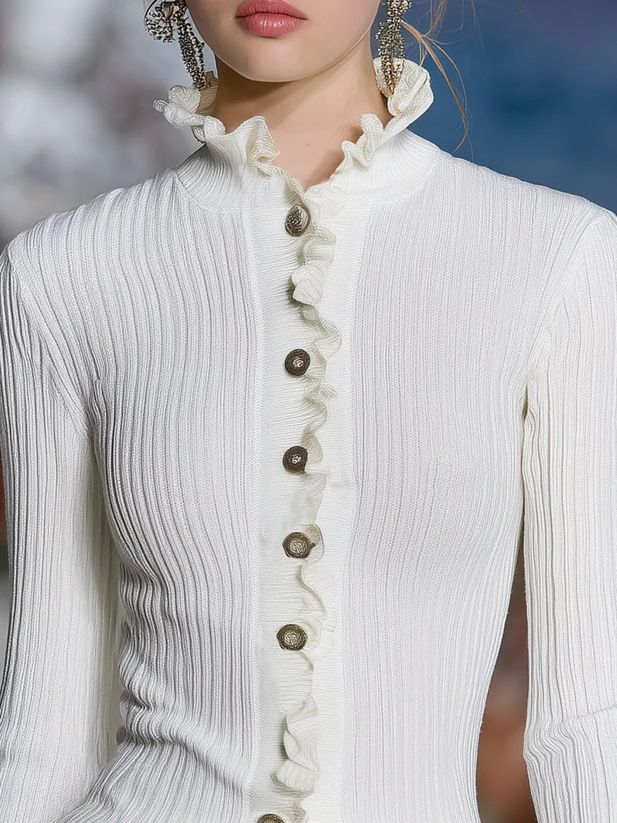 Elegant And Fashionable Ruffled White Knitted Cardigan sold by Oyrosy product image thumbnail 3