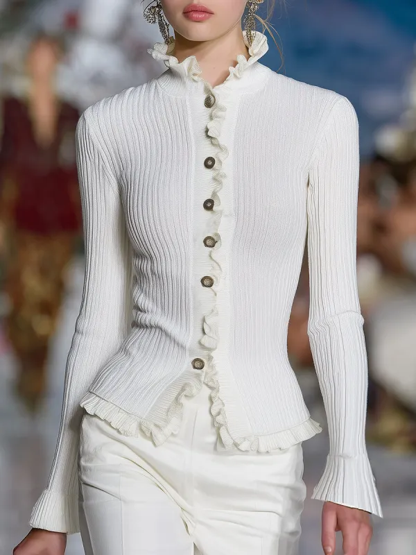 Elegant And Fashionable Ruffled White Knitted Cardigan sold by Oyrosy