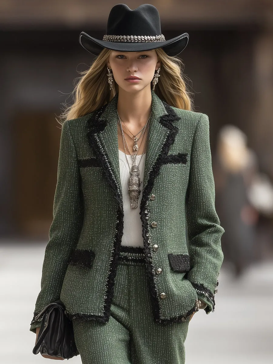 Elegant And Fashionable Black Trim Green Tweed Lapel Blazer sold by Oyrosy product image thumbnail 2