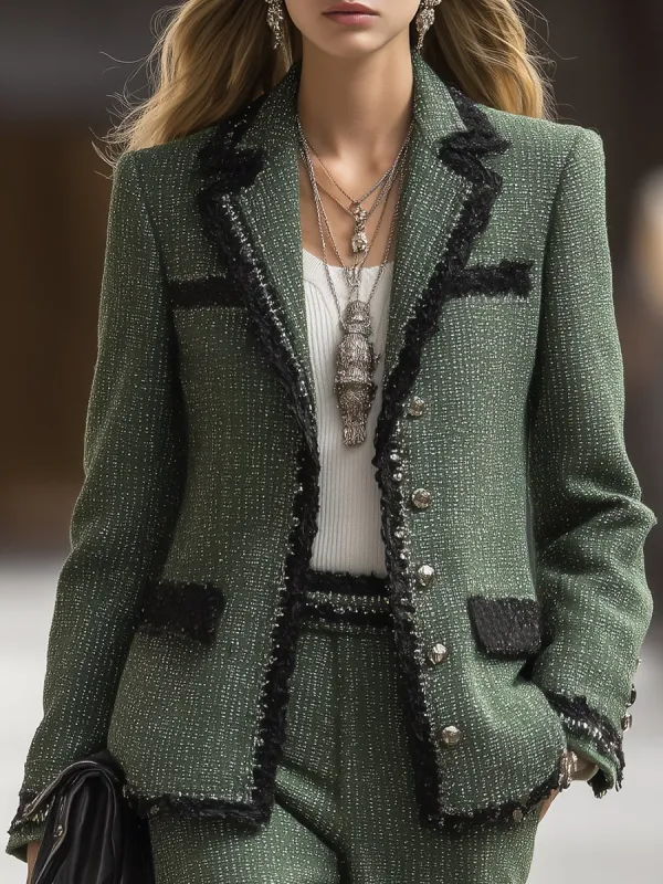 Elegant And Fashionable Black Trim Green Tweed Lapel Blazer sold by Oyrosy