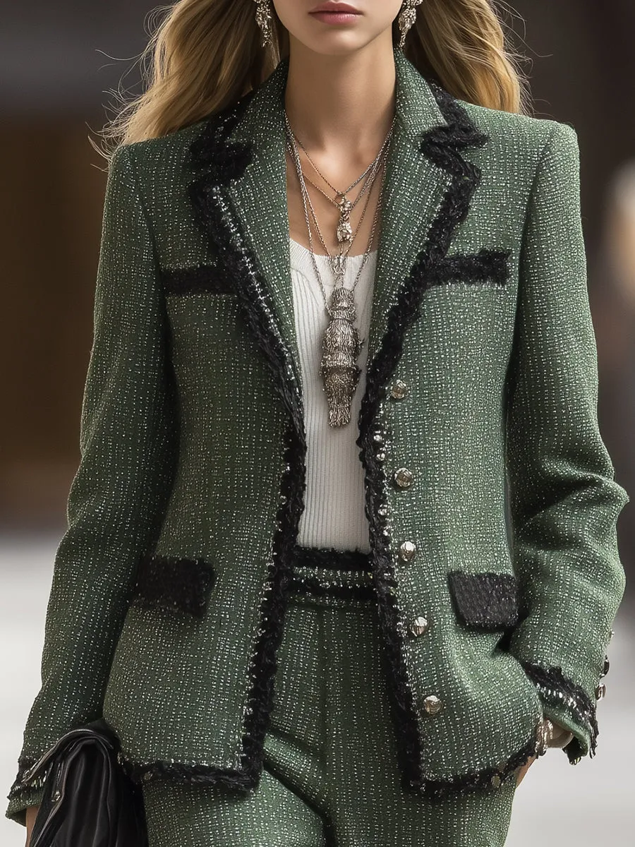 Elegant And Fashionable Black Trim Green Tweed Lapel Blazer sold by Oyrosy