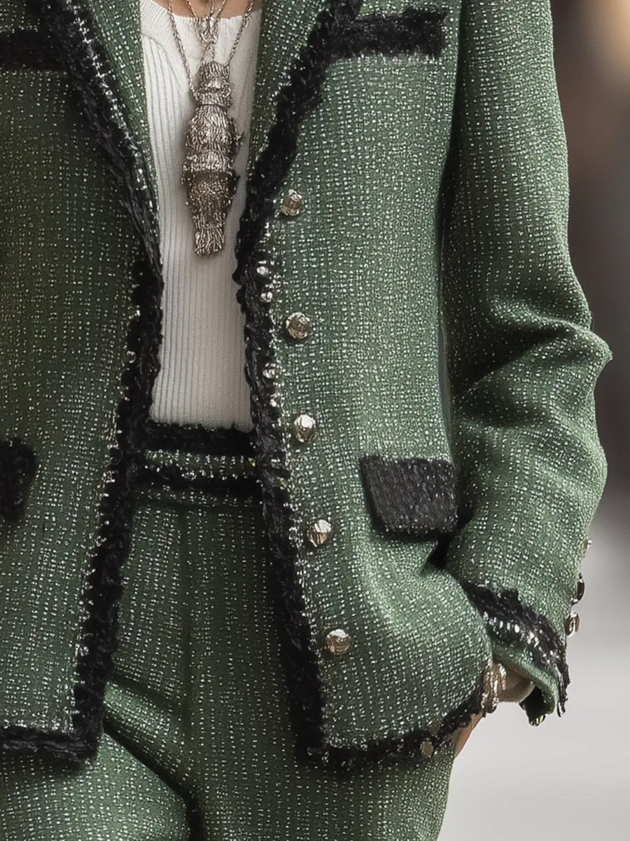 Elegant And Fashionable Black Trim Green Tweed Lapel Blazer sold by Oyrosy product image thumbnail 4