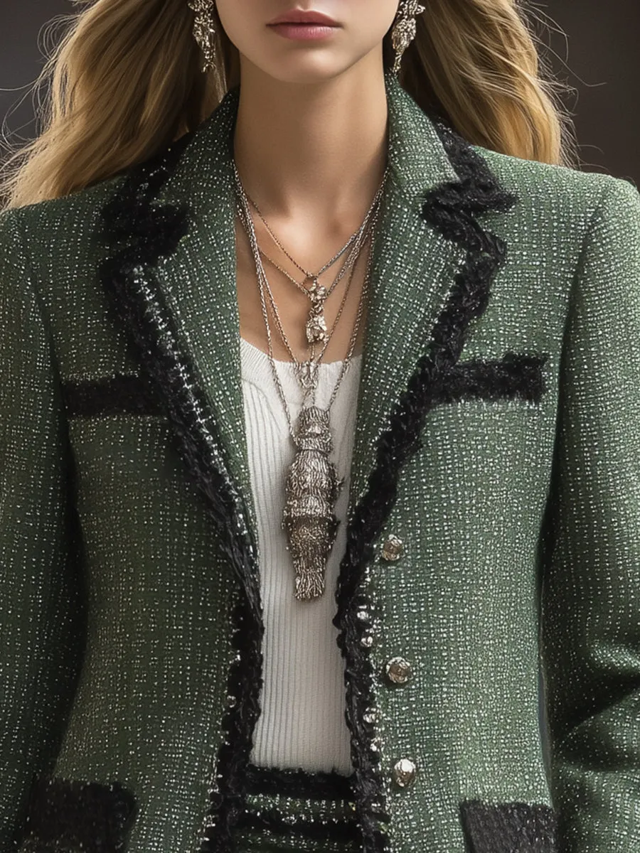 Elegant And Fashionable Black Trim Green Tweed Lapel Blazer sold by Oyrosy product image thumbnail 3