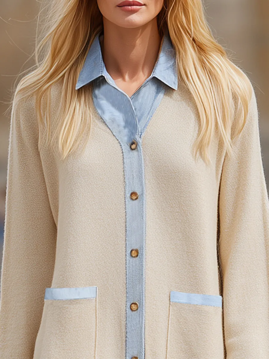 Casual And Fashionable Denim Patchwork Faux Terry Shirt sold by Oyrosy product image thumbnail 3