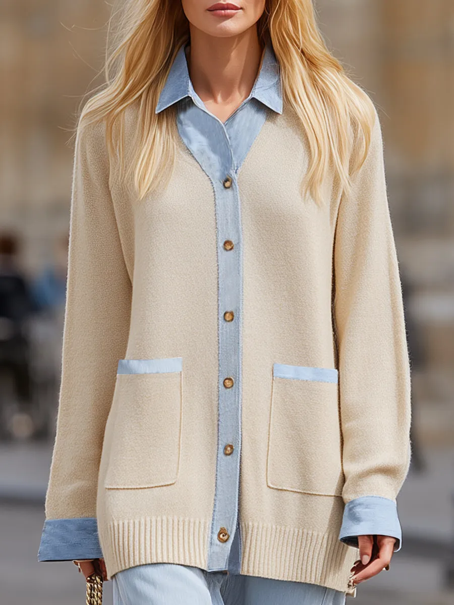 Casual And Fashionable Denim Patchwork Faux Terry Shirt sold by Oyrosy