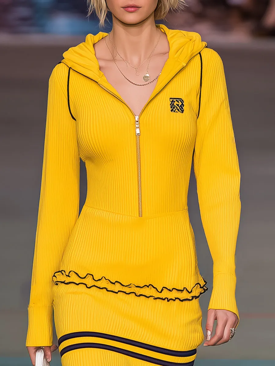 Retro Sports Black Trim Yellow Ruffle Hooded Midi Dress sold by Oyrosy product image thumbnail 3