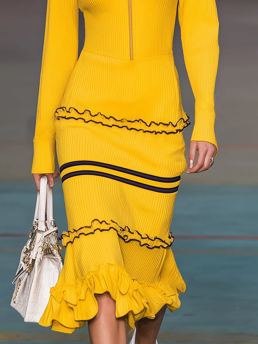 Retro Sports Black Trim Yellow Ruffle Hooded Midi Dress sold by Oyrosy product image thumbnail 4