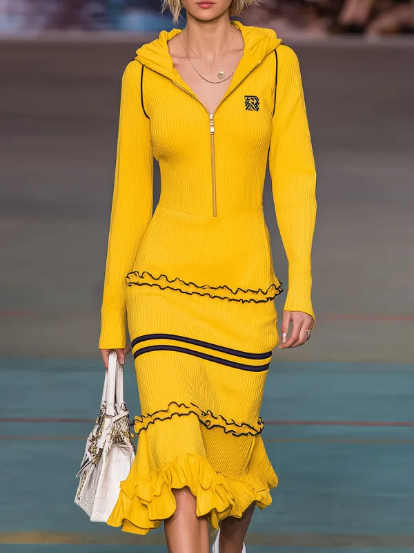 Retro Sports Black Trim Yellow Ruffle Hooded Midi Dress sold by Oyrosy