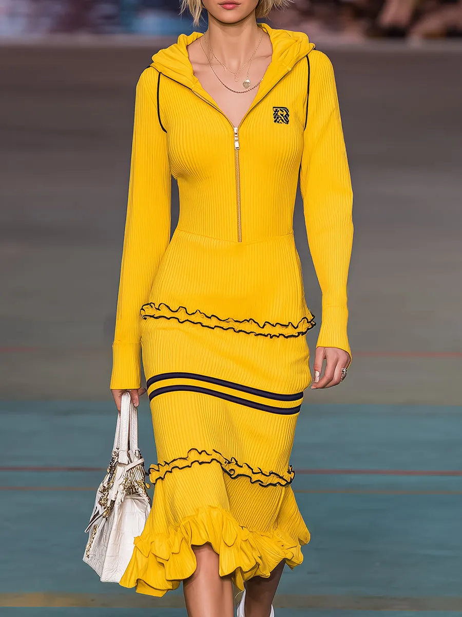 Retro Sports Black Trim Yellow Ruffle Hooded Midi Dress sold by Oyrosy