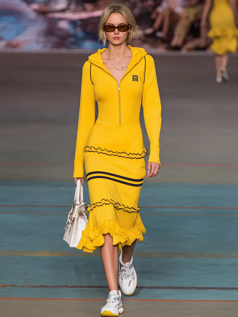 Retro Sports Black Trim Yellow Ruffle Hooded Midi Dress sold by Oyrosy product image thumbnail 2