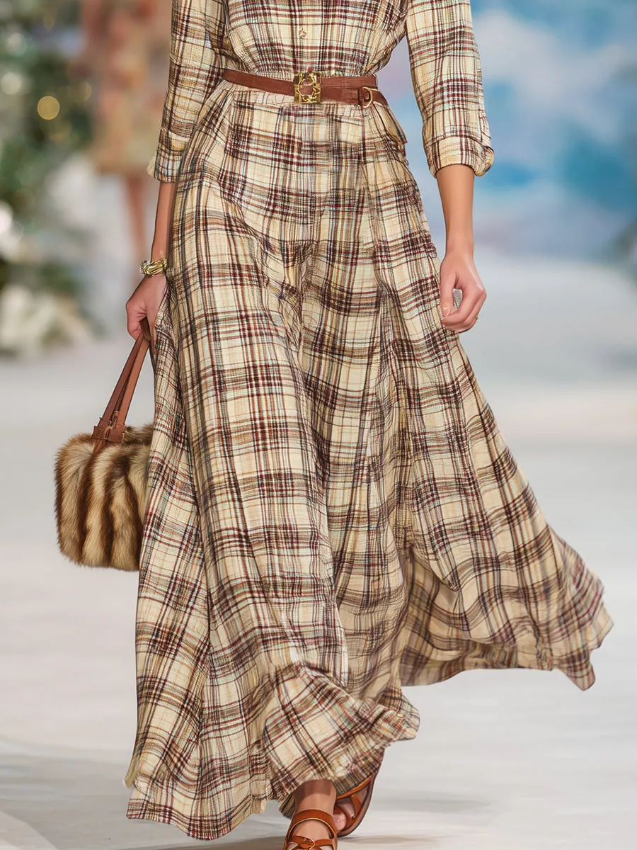 Retro Casual Beige Plaid Maxi Dress sold by Oyrosy product image thumbnail 4