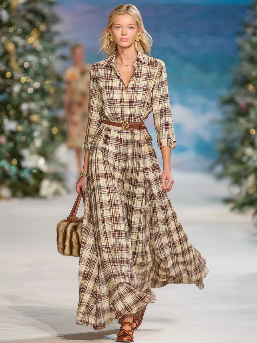 Retro Casual Beige Plaid Maxi Dress sold by Oyrosy product image thumbnail 2