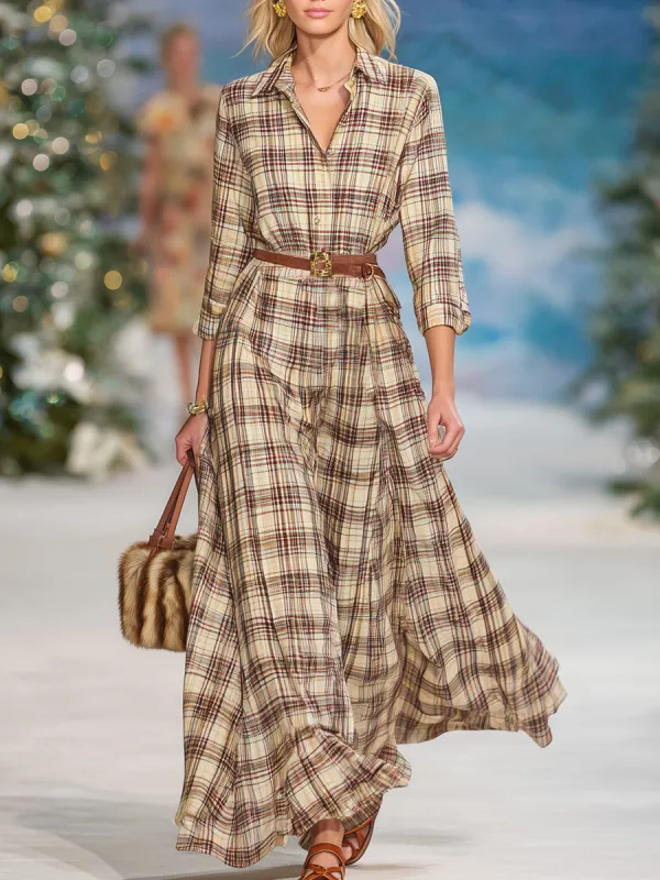 Retro Casual Beige Plaid Maxi Dress sold by Oyrosy