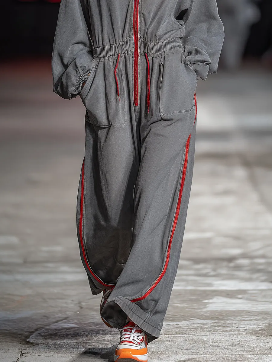 Retro Casual Red Trim Gray Washed Cotton Hooded Jumpsuit sold by Oyrosy product image thumbnail 4