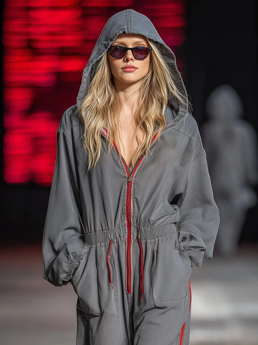 Retro Casual Red Trim Gray Washed Cotton Hooded Jumpsuit sold by Oyrosy product image thumbnail 3