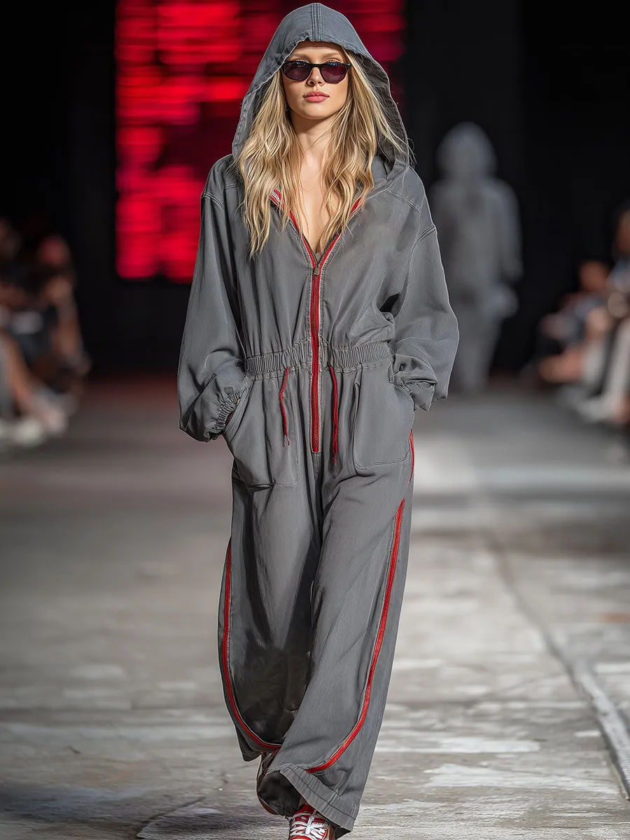 Retro Casual Red Trim Gray Washed Cotton Hooded Jumpsuit sold by Oyrosy