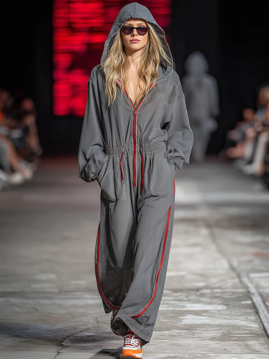 Retro Casual Red Trim Gray Washed Cotton Hooded Jumpsuit sold by Oyrosy product image thumbnail 2