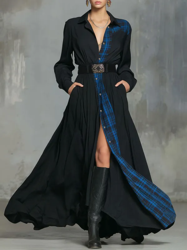 Lapel A-line Plaid Casual Shirt-style Maxi Dress sold by Oyrosy