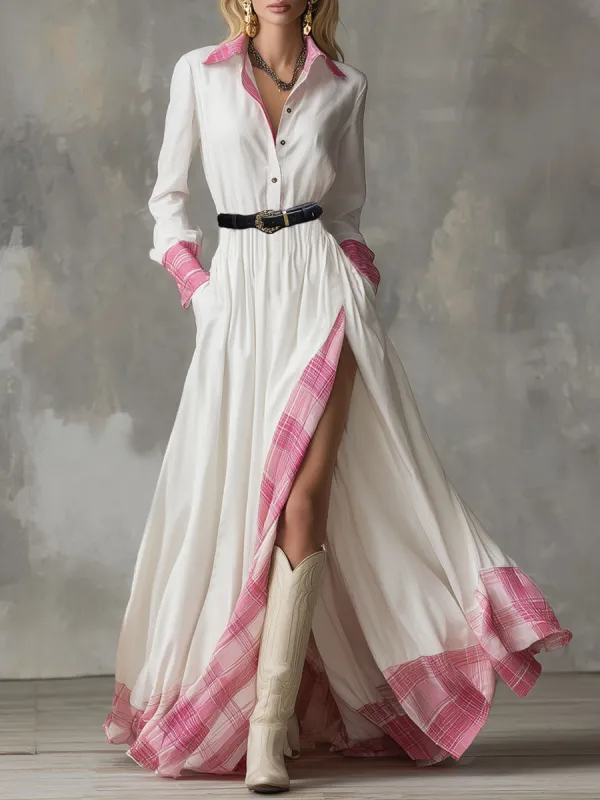 Lapel Stitching Plaid Slit Casual Maxi Dress sold by Oyrosy