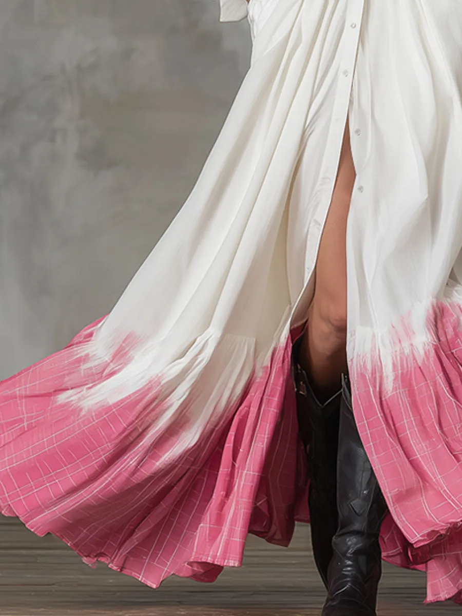 Lapel Plaid Print Shirt-style Casual Maxi Dress sold by Oyrosy product image thumbnail 3