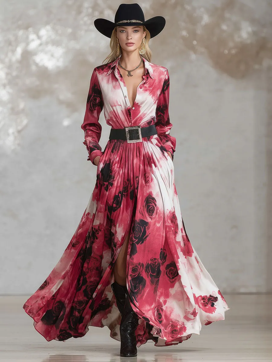 Lapel Rose Print Shirt-style Casual Maxi Dress sold by Oyrosy product image thumbnail 4