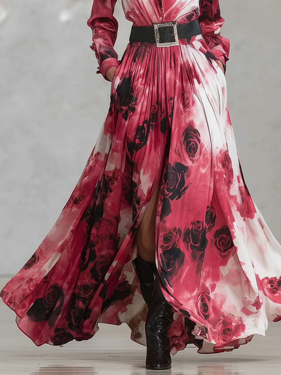 Lapel Rose Print Shirt-style Casual Maxi Dress sold by Oyrosy product image thumbnail 3