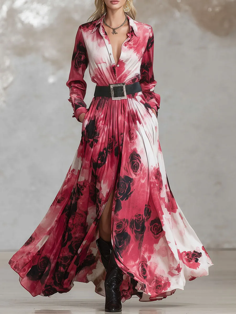 Lapel Rose Print Shirt-style Casual Maxi Dress sold by Oyrosy