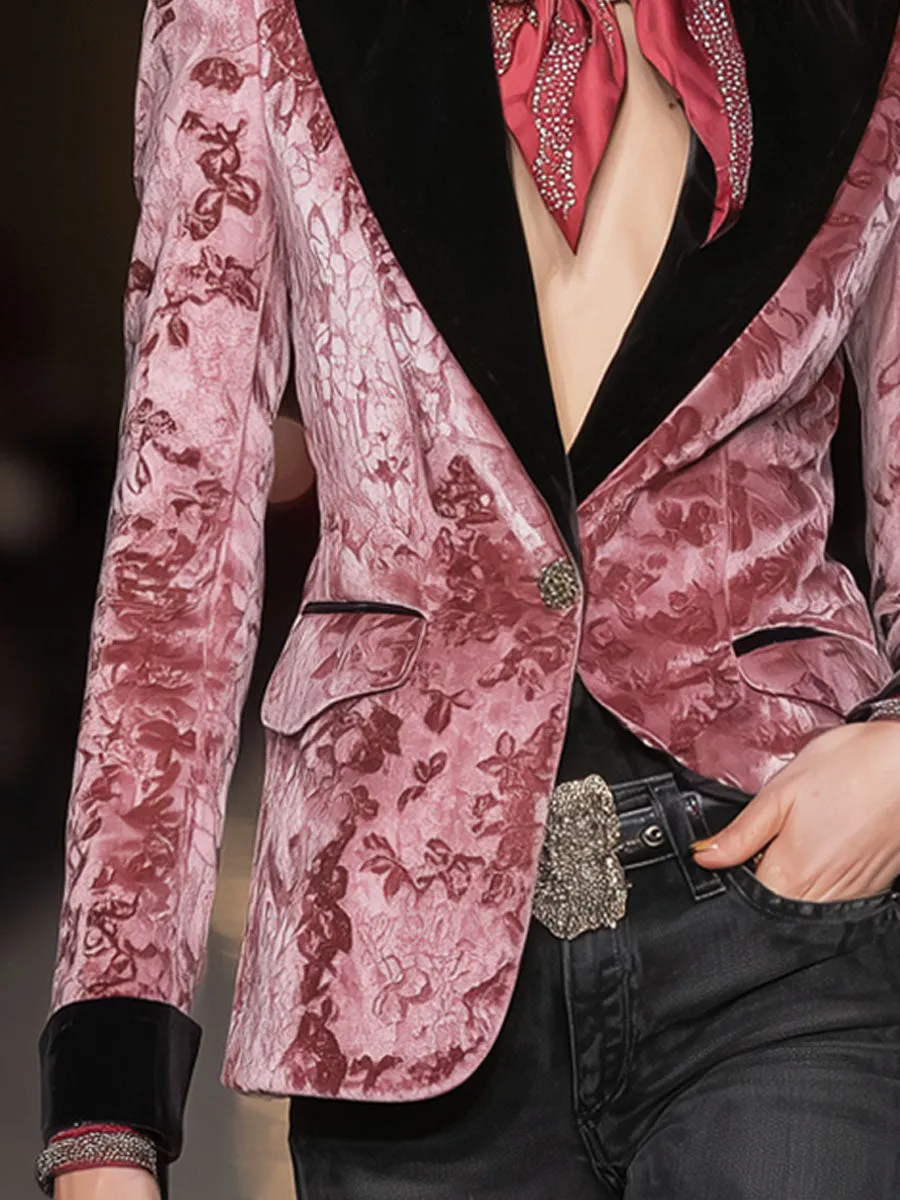 Lapel Single-breasted Contrast-color Floral Print Velvet Blazer sold by Oyrosy product image thumbnail 3