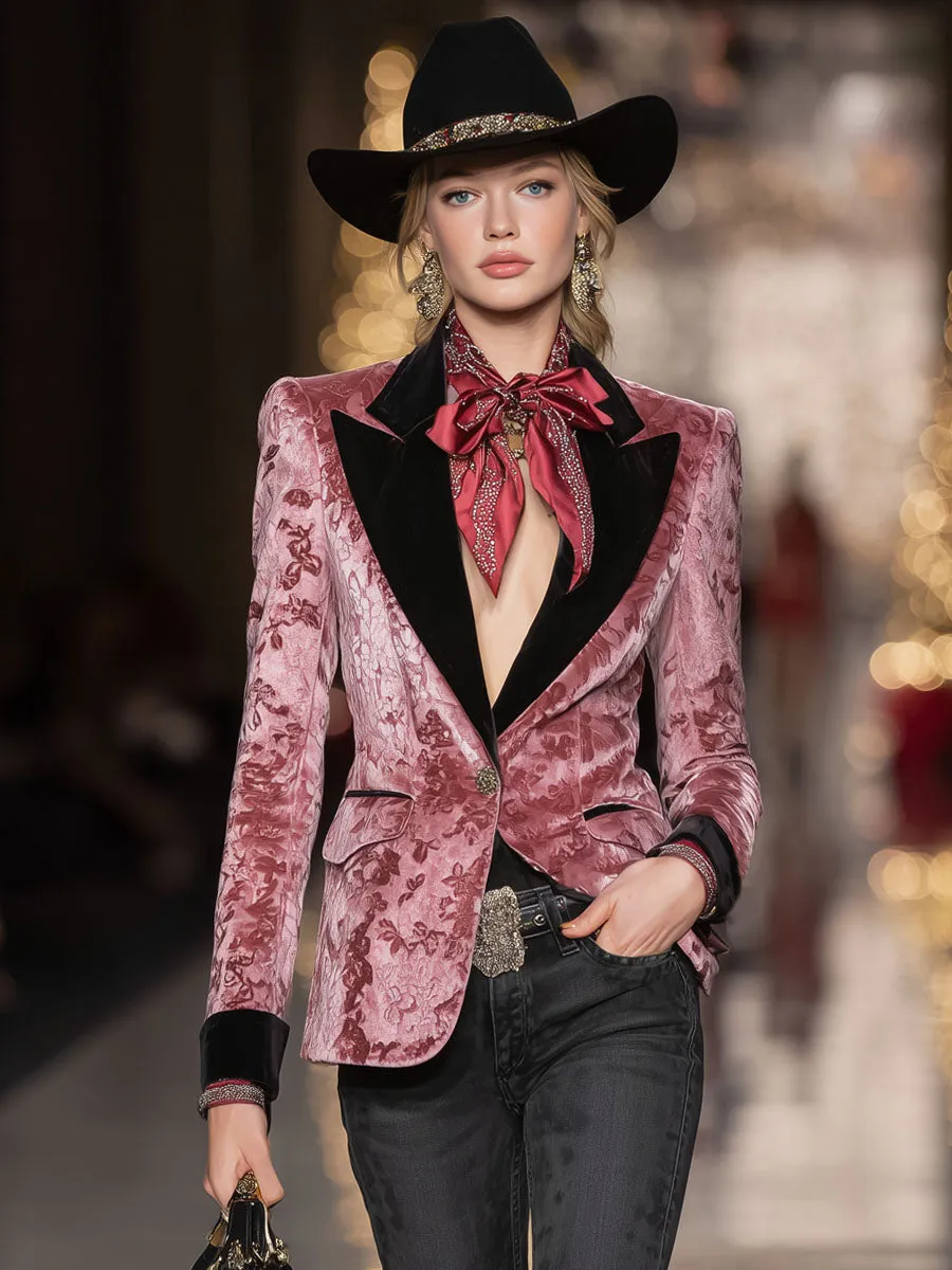 Lapel Single-breasted Contrast-color Floral Print Velvet Blazer sold by Oyrosy product image thumbnail 4