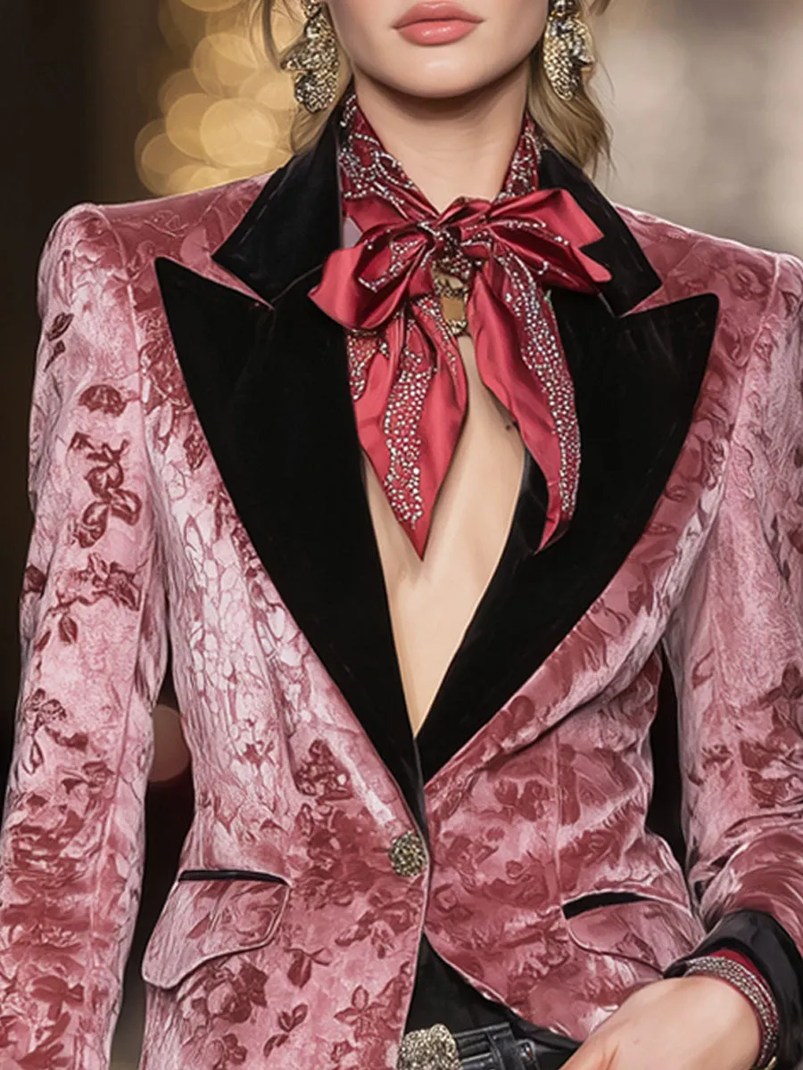 Lapel Single-breasted Contrast-color Floral Print Velvet Blazer sold by Oyrosy product image thumbnail 2