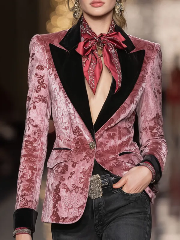 Lapel Single-breasted Contrast-color Floral Print Velvet Blazer sold by Oyrosy