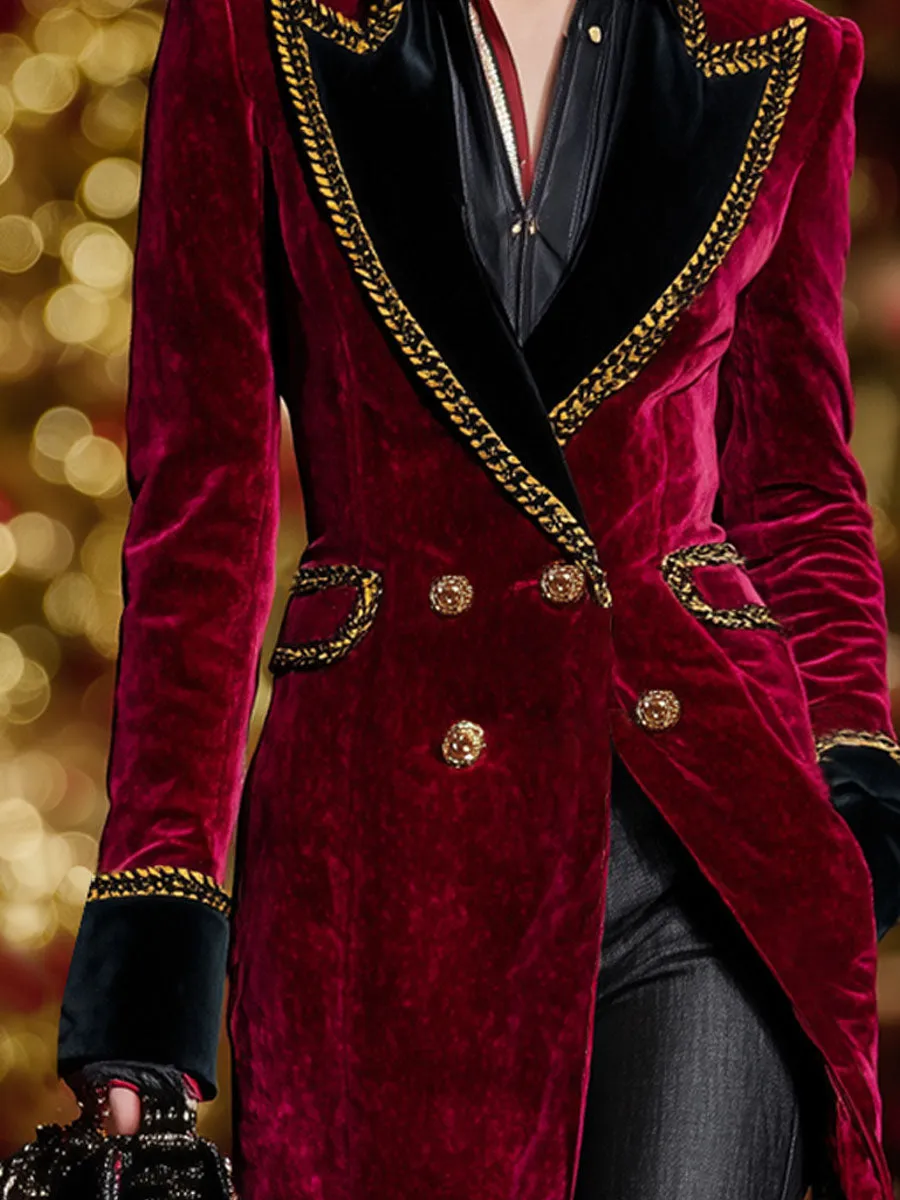 Lapel Double-breasted Double-pocket Contrast-color Velvet Coat sold by Oyrosy product image thumbnail 3