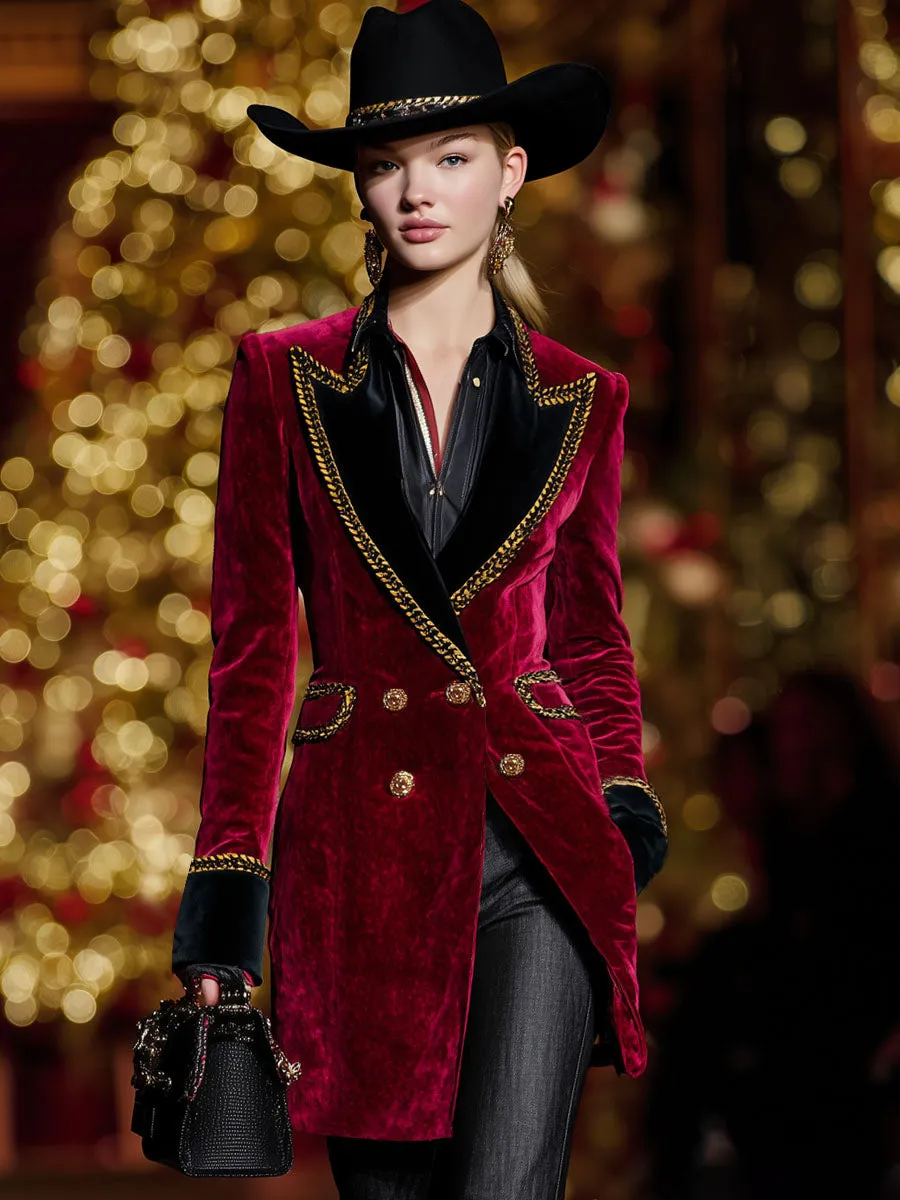 Lapel Double-breasted Double-pocket Contrast-color Velvet Coat sold by Oyrosy product image thumbnail 4