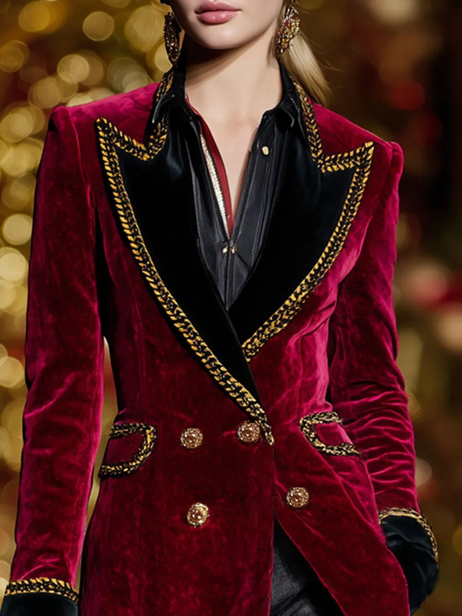 Lapel Double-breasted Double-pocket Contrast-color Velvet Coat sold by Oyrosy product image thumbnail 2