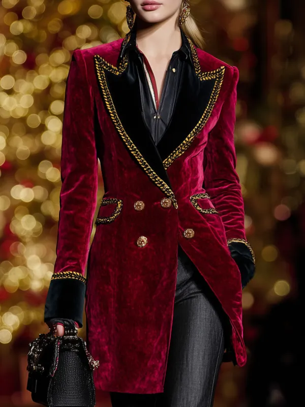 Lapel Double-breasted Double-pocket Contrast-color Velvet Coat sold by Oyrosy