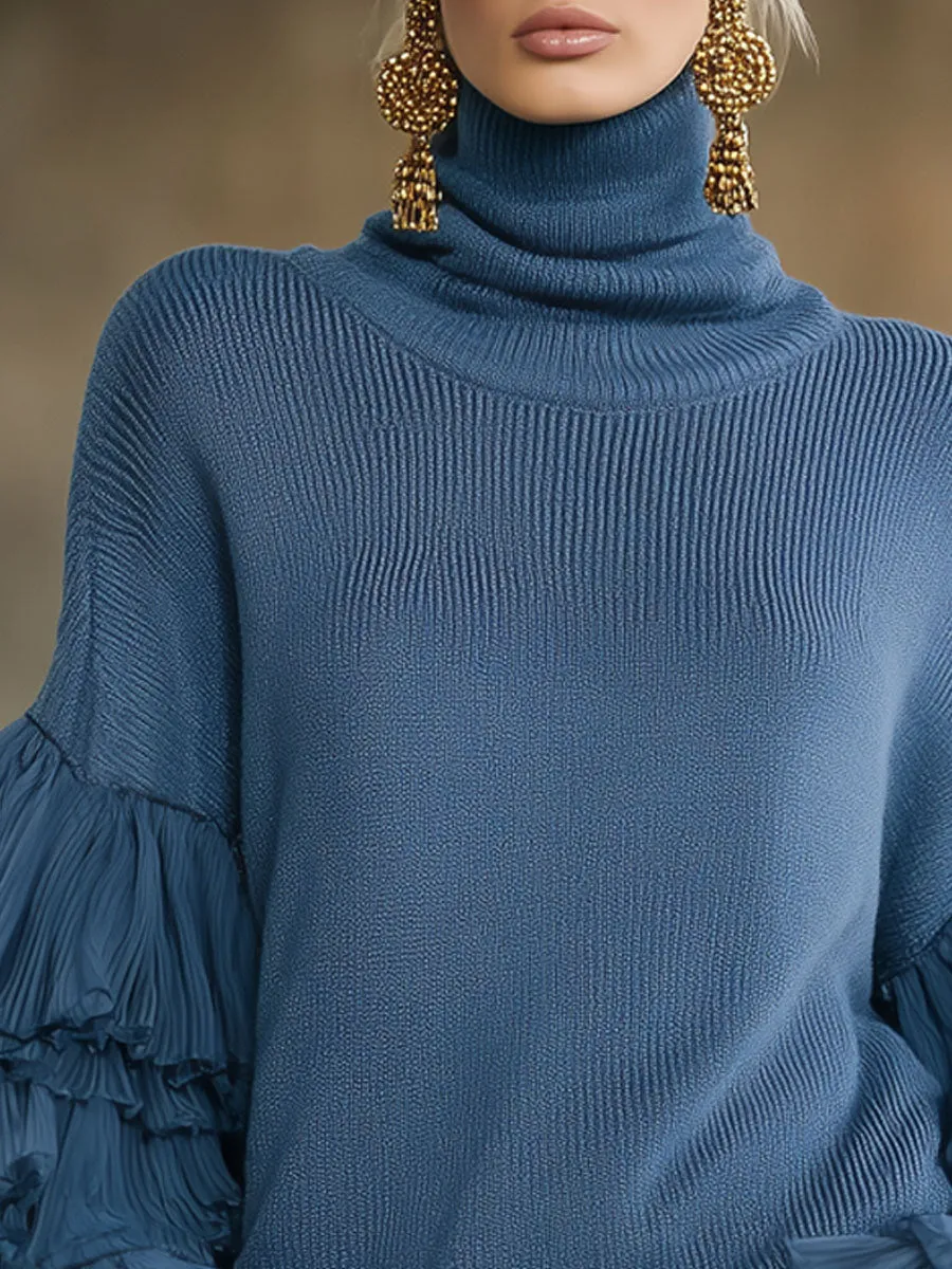Turtleneck Ruffle Sleeve Knit Pullover Sweater sold by Oyrosy product image thumbnail 2
