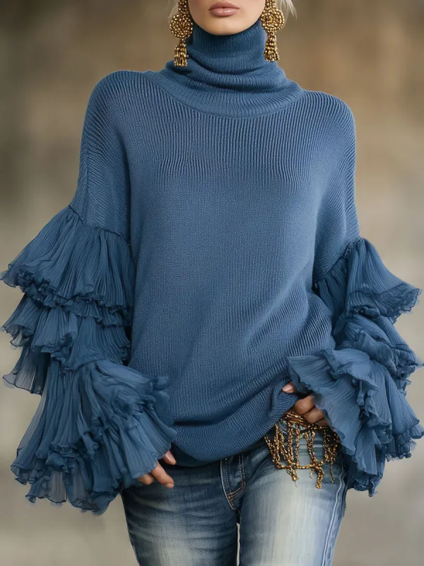Turtleneck Ruffle Sleeve Knit Pullover Sweater made by Oyrosy