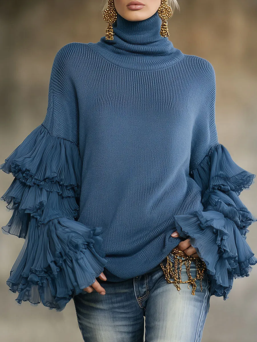 Turtleneck Ruffle Sleeve Knit Pullover Sweater sold by Oyrosy