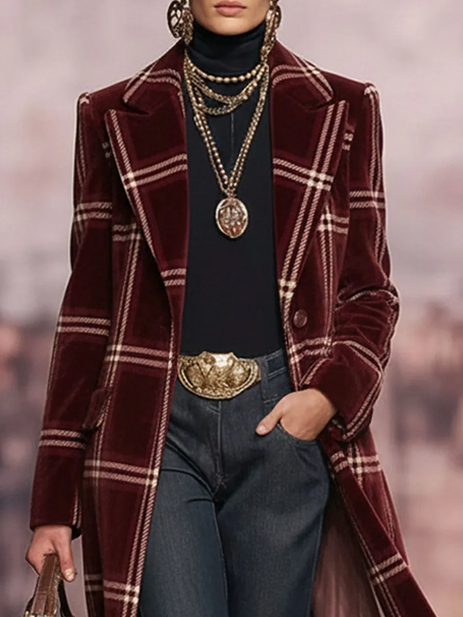 Lapel Single-breasted Vintage Plaid Print Velvet Coat sold by Oyrosy product image thumbnail 2