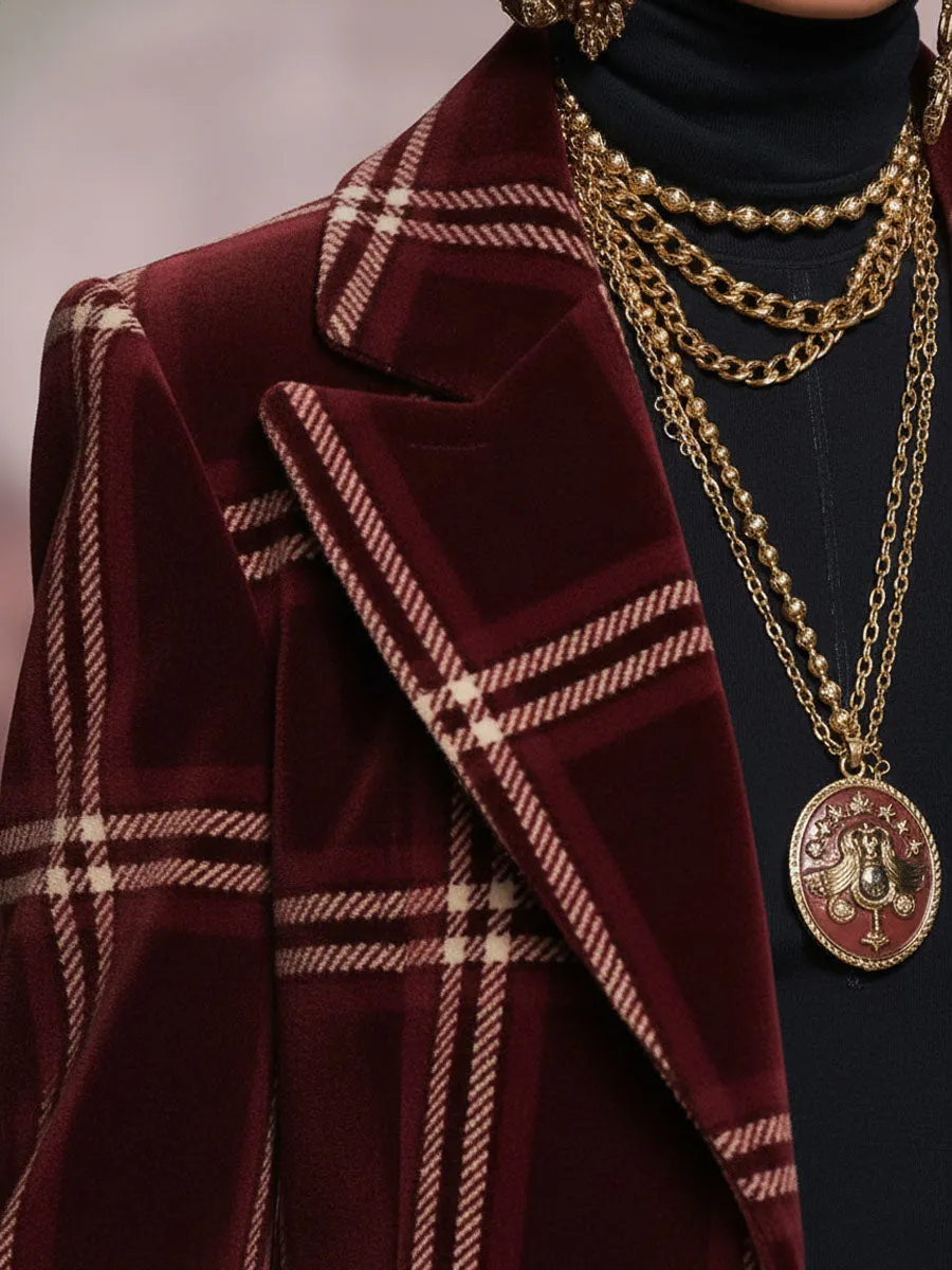 Lapel Single-breasted Vintage Plaid Print Velvet Coat sold by Oyrosy product image thumbnail 3