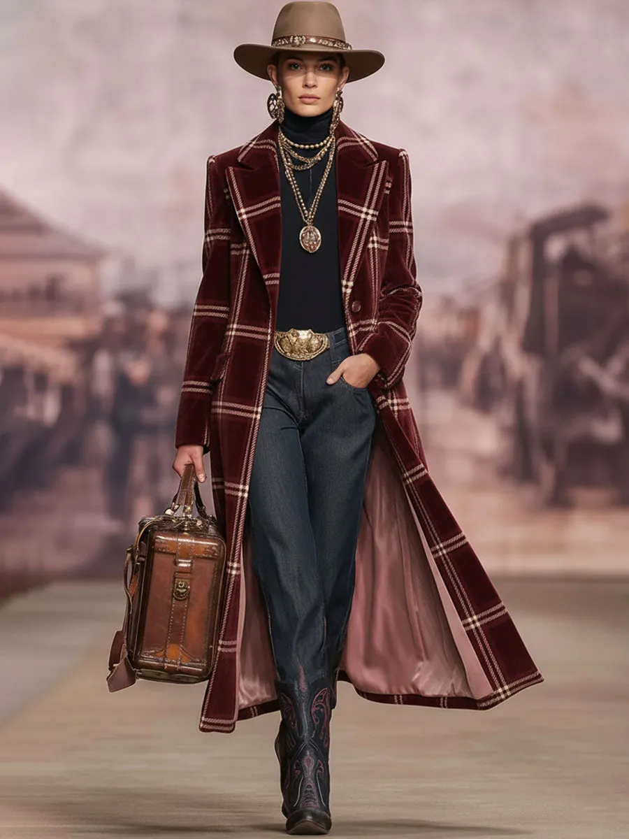 Lapel Single-breasted Vintage Plaid Print Velvet Coat sold by Oyrosy product image thumbnail 5