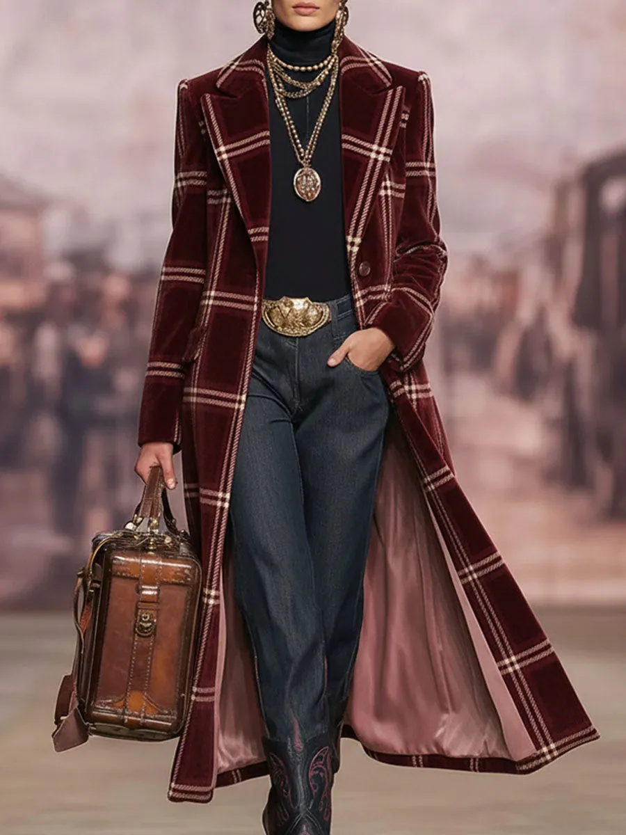 Lapel Single-breasted Vintage Plaid Print Velvet Coat sold by Oyrosy