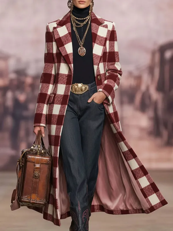 Lapel Single-breasted Vintage Plaid Woolen Coat sold by Oyrosy