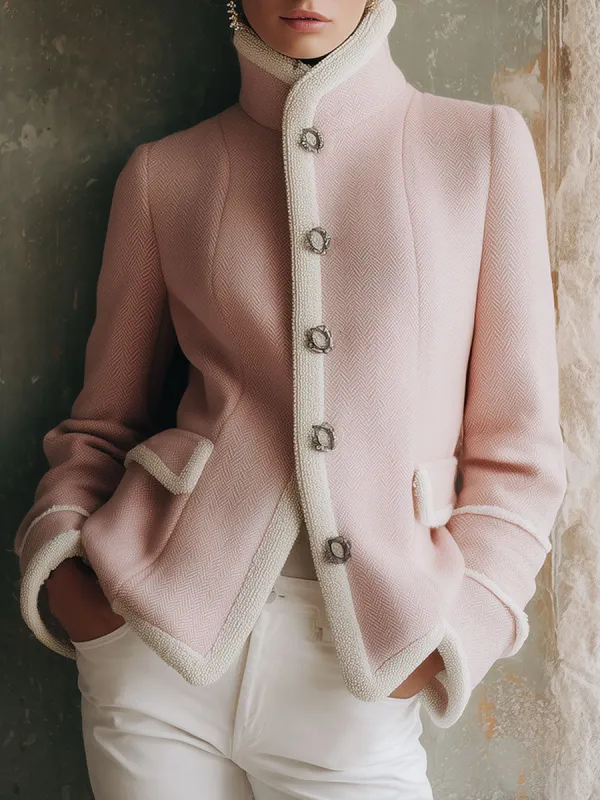 Fashion Vintage Pink Wool Turtleneck Button Jacket sold by Oyrosy