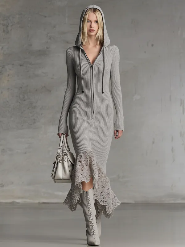 Exquisite Retro Lace Patchwork Gray Knitted Maxi Dress sold by Oyrosy