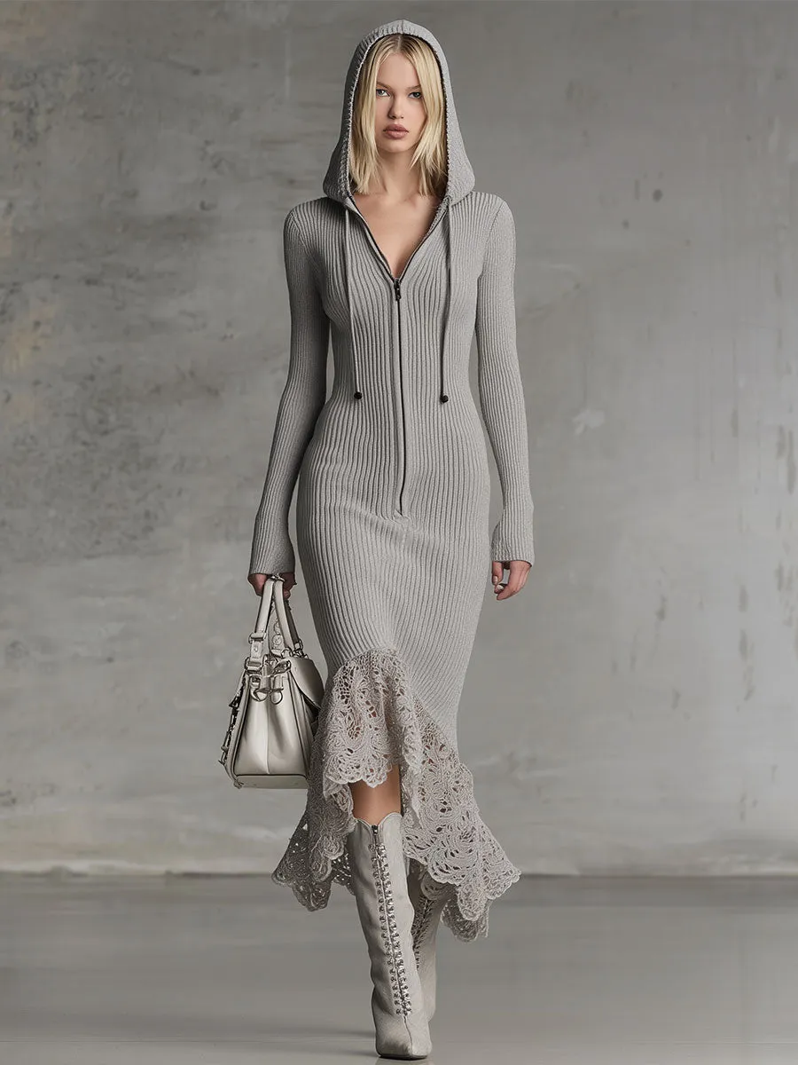 Exquisite Retro Lace Patchwork Gray Knitted Maxi Dress sold by Oyrosy